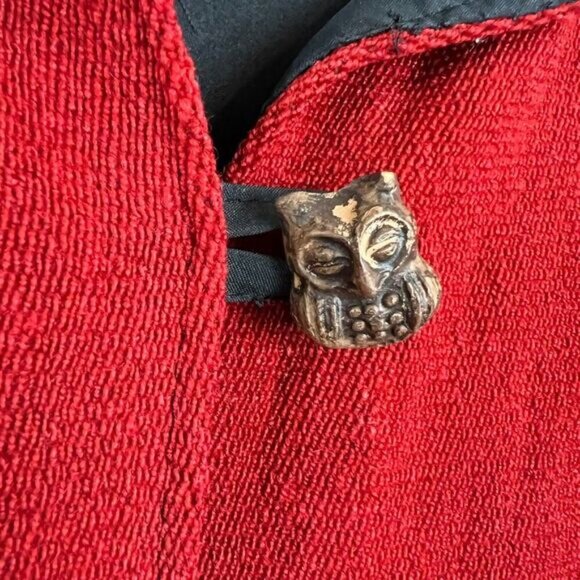 Vintage 70s Handmade Argyle Print Red Wood Button Owls Jacket Coat Size Small - Picture 10 of 16